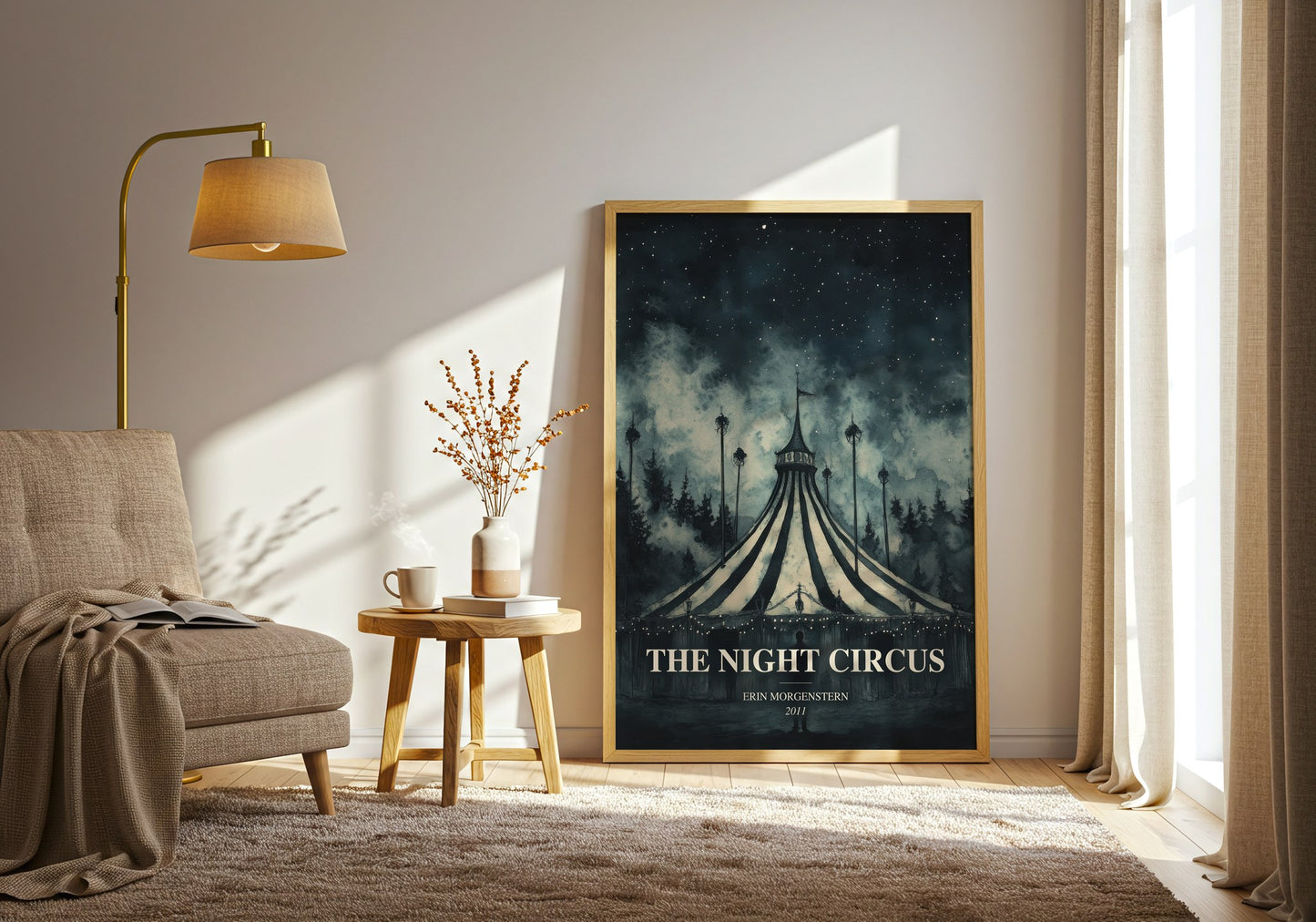 The Night Circus watercolour print in frame leaning in hallway – fantasy wall art