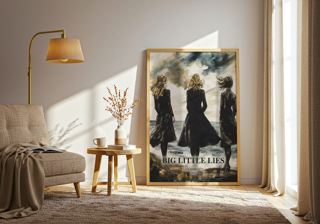 Big Little Lies watercolour print in frame leaning in hallway – contemporary fiction wall art (mockup)