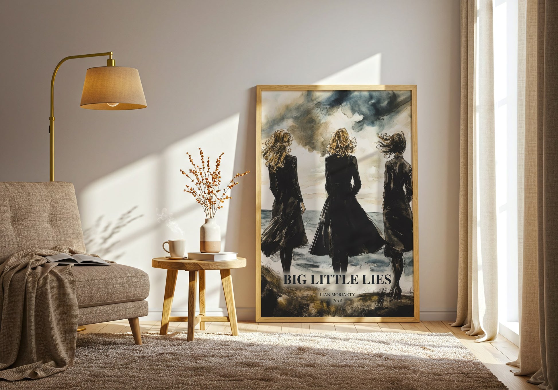 Big Little Lies watercolour print in frame leaning in hallway – contemporary fiction wall art