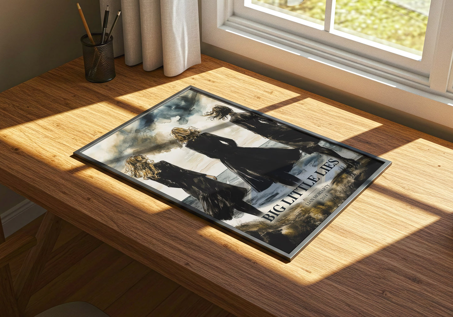 Big Little Lies watercolour book poster framed on wall – contemporary fiction wall art