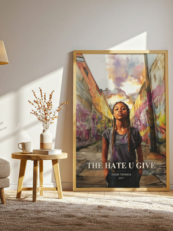 The Hate U Give watercolour print in frame leaning in hallway – young adult wall art