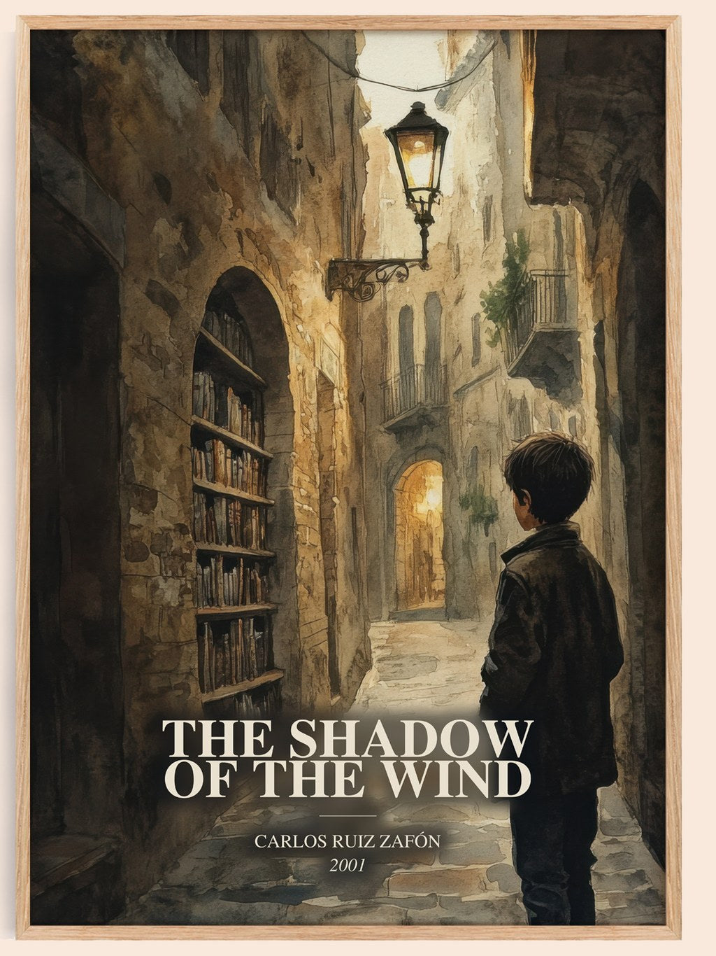 The Shadow Of The Wind watercolour book poster by Carlos Ruiz Zafón – framed literary art print