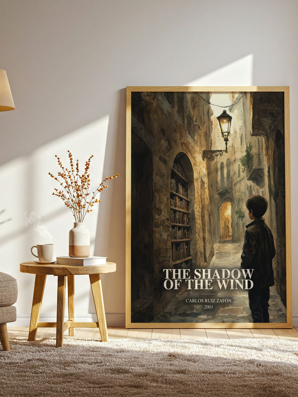 The Shadow Of The Wind watercolour print in frame leaning in hallway – mystery wall art