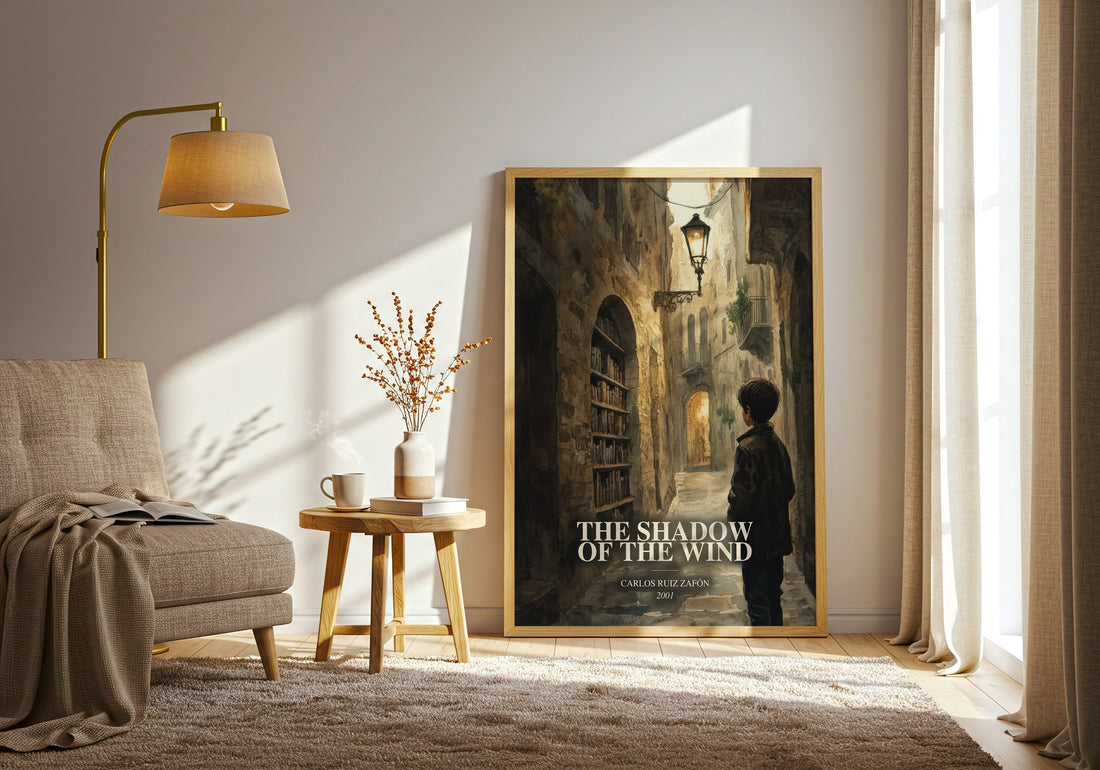 The Shadow Of The Wind watercolour print in frame leaning in hallway – mystery wall art (mockup)