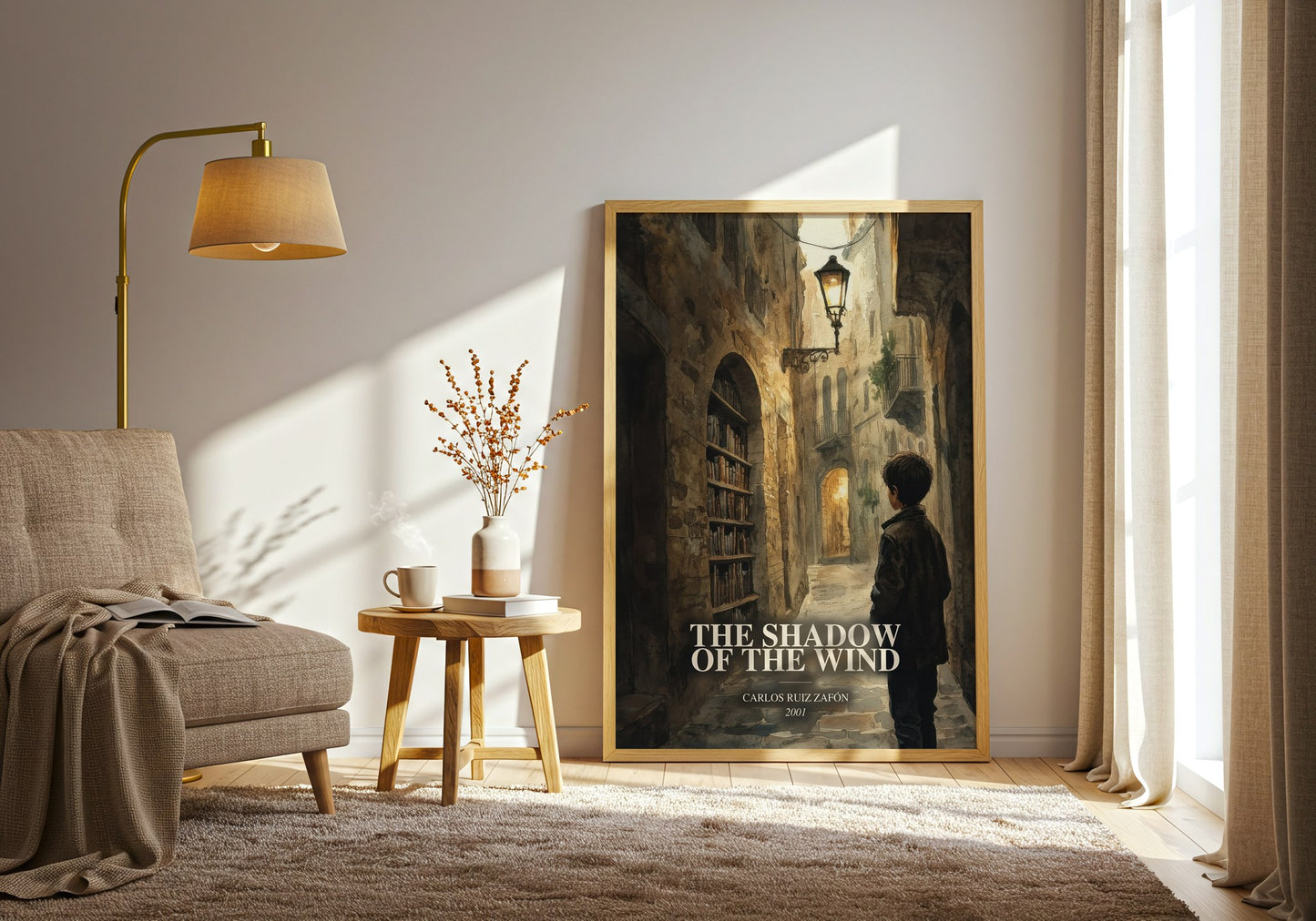 The Shadow Of The Wind watercolour print in frame leaning in hallway – mystery wall art