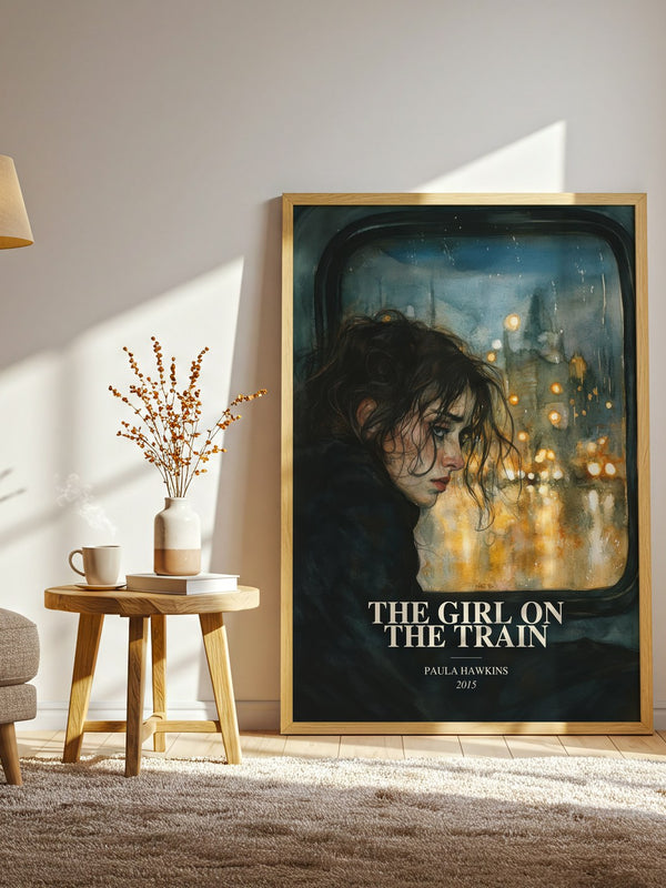 The Girl On The Train watercolour print in frame leaning in hallway – thriller wall art