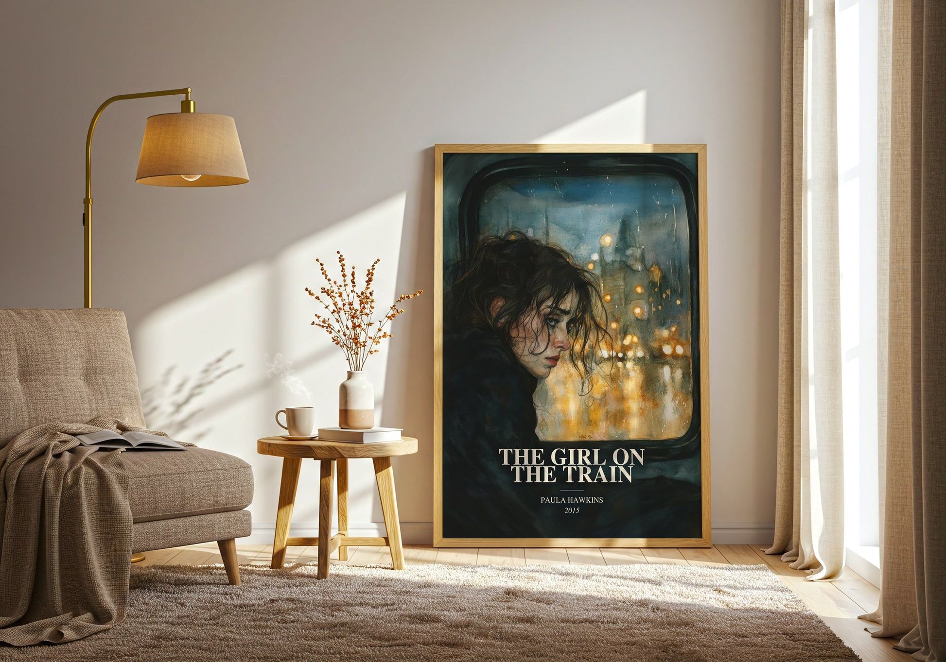 The Girl On The Train watercolour print in frame leaning in hallway – thriller wall art