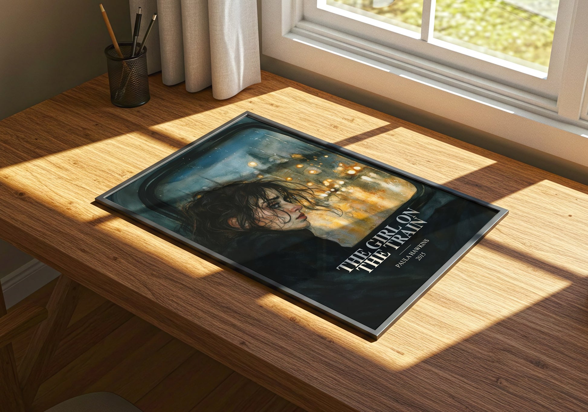 The Girl On The Train watercolour book poster framed on wall – thriller wall art
