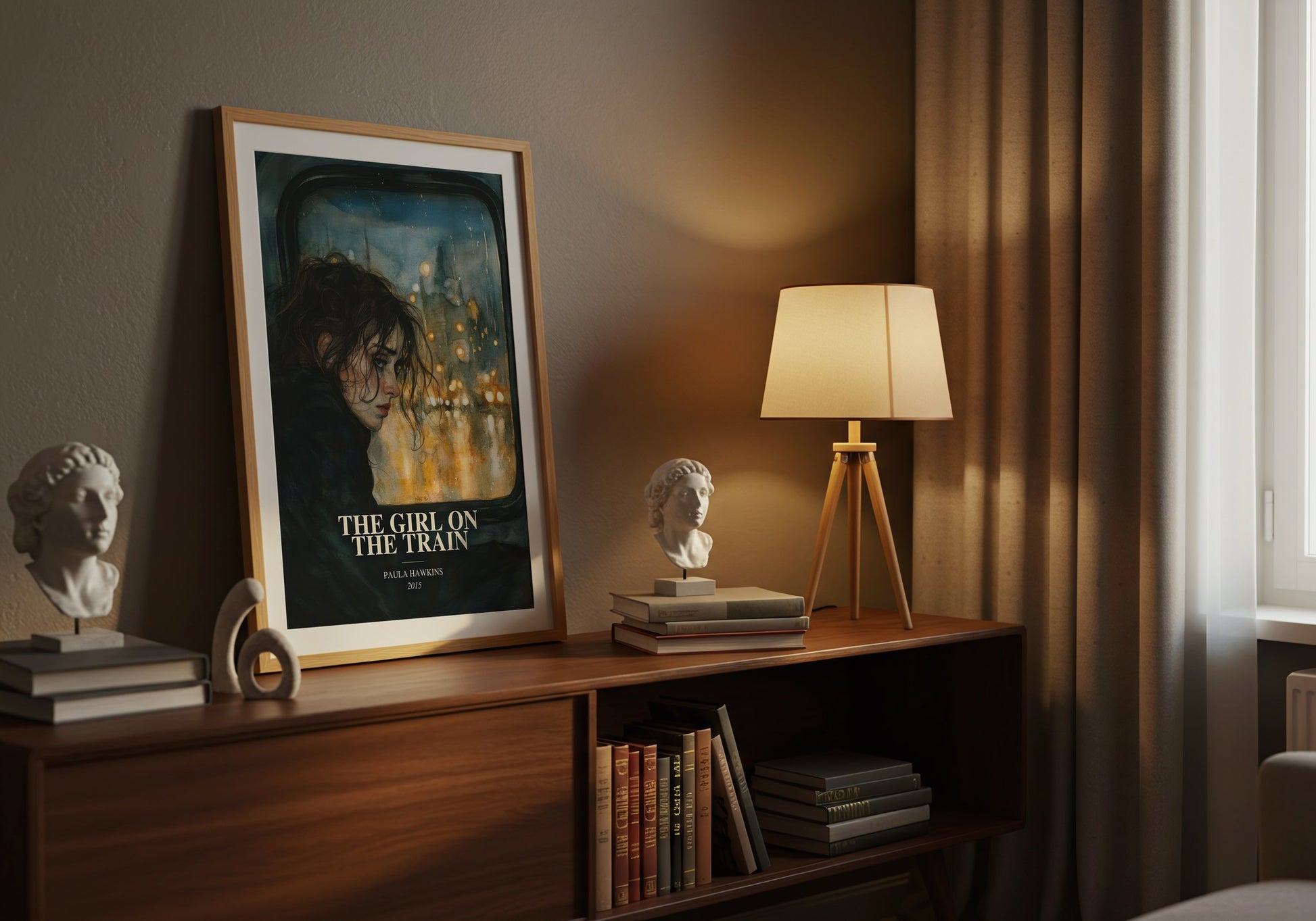 The Girl On The Train watercolour print on bookshelf – Paula Hawkins fan gift