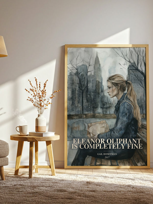 Eleanor Oliphant Is Completely Fine watercolour print in frame leaning in hallway – contemporary fiction wall art
