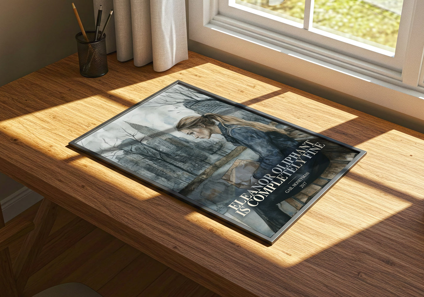 Eleanor Oliphant Is Completely Fine watercolour book poster framed on wall – contemporary fiction wall art