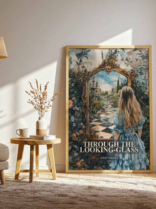 Through The Looking-Glass watercolour print in frame leaning in hallway – childrens wall art