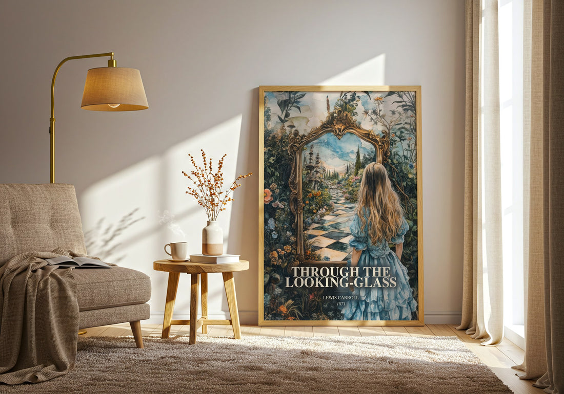 Through The Looking-Glass watercolour print in frame leaning in hallway – childrens wall art (mockup)