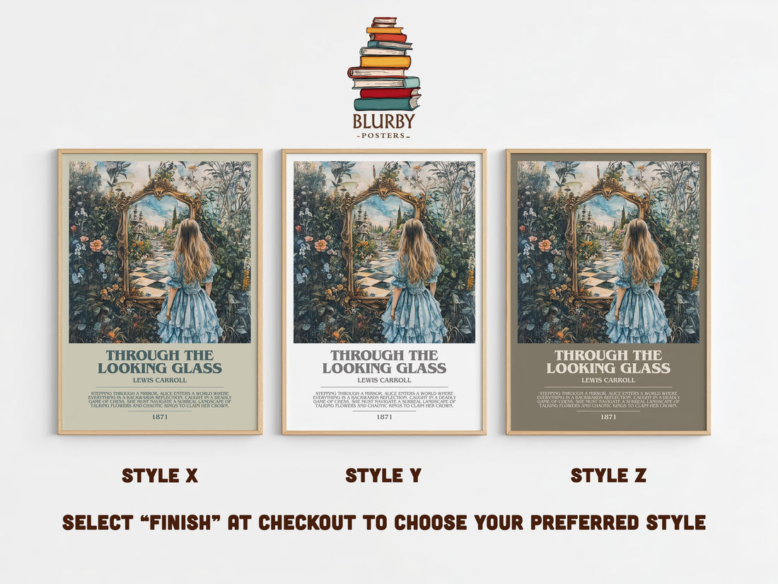 Through The Looking-Glass bookish print in frame leaning in hallway – childrens wall art (mockup)