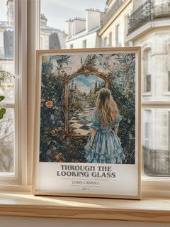 Through The Looking-Glass Book Cover Poster by Lewis Carroll – framed print by a bright window
