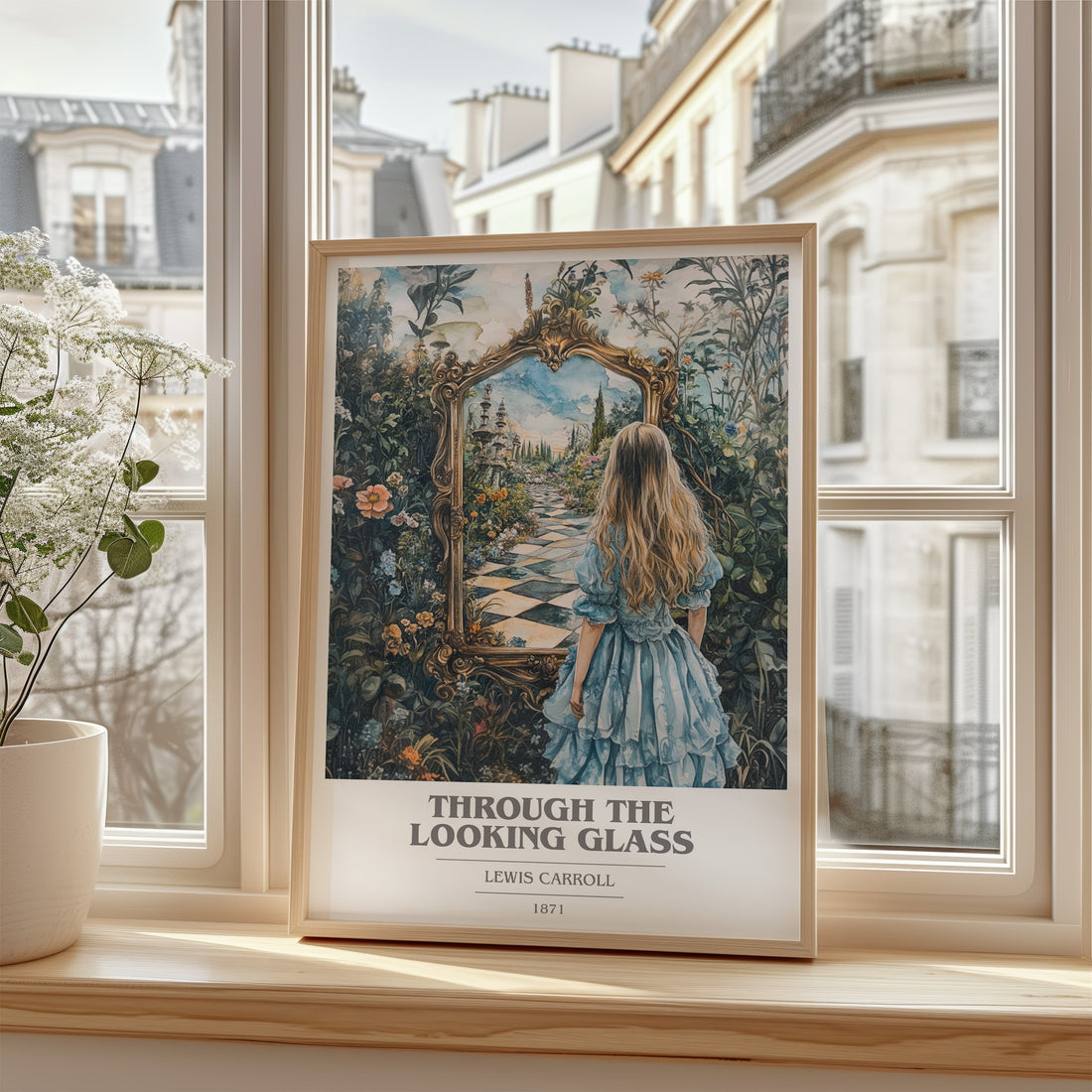 Through The Looking-Glass Book Cover Poster by Lewis Carroll – framed print by a bright window