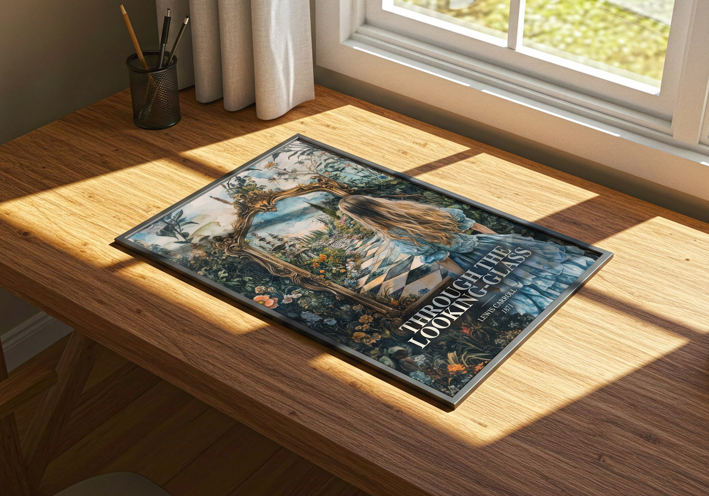 Through The Looking-Glass watercolour book poster framed on wall – childrens wall art