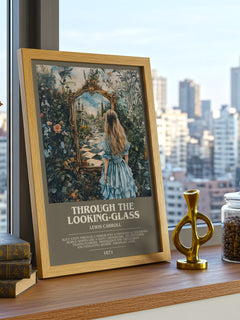 Through The Looking-Glass Bookish Wall Art by Lewis Carroll – framed print on a city-view windowsill