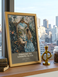 Through The Looking-Glass Book Cover Poster by Lewis Carroll – framed print on a city-view windowsill