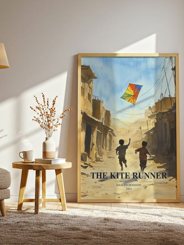 The Kite Runner watercolour print in frame leaning in hallway – literary fiction wall art