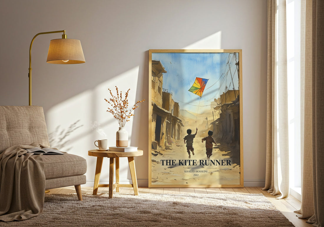The Kite Runner watercolour print in frame leaning in hallway – literary fiction wall art (mockup)