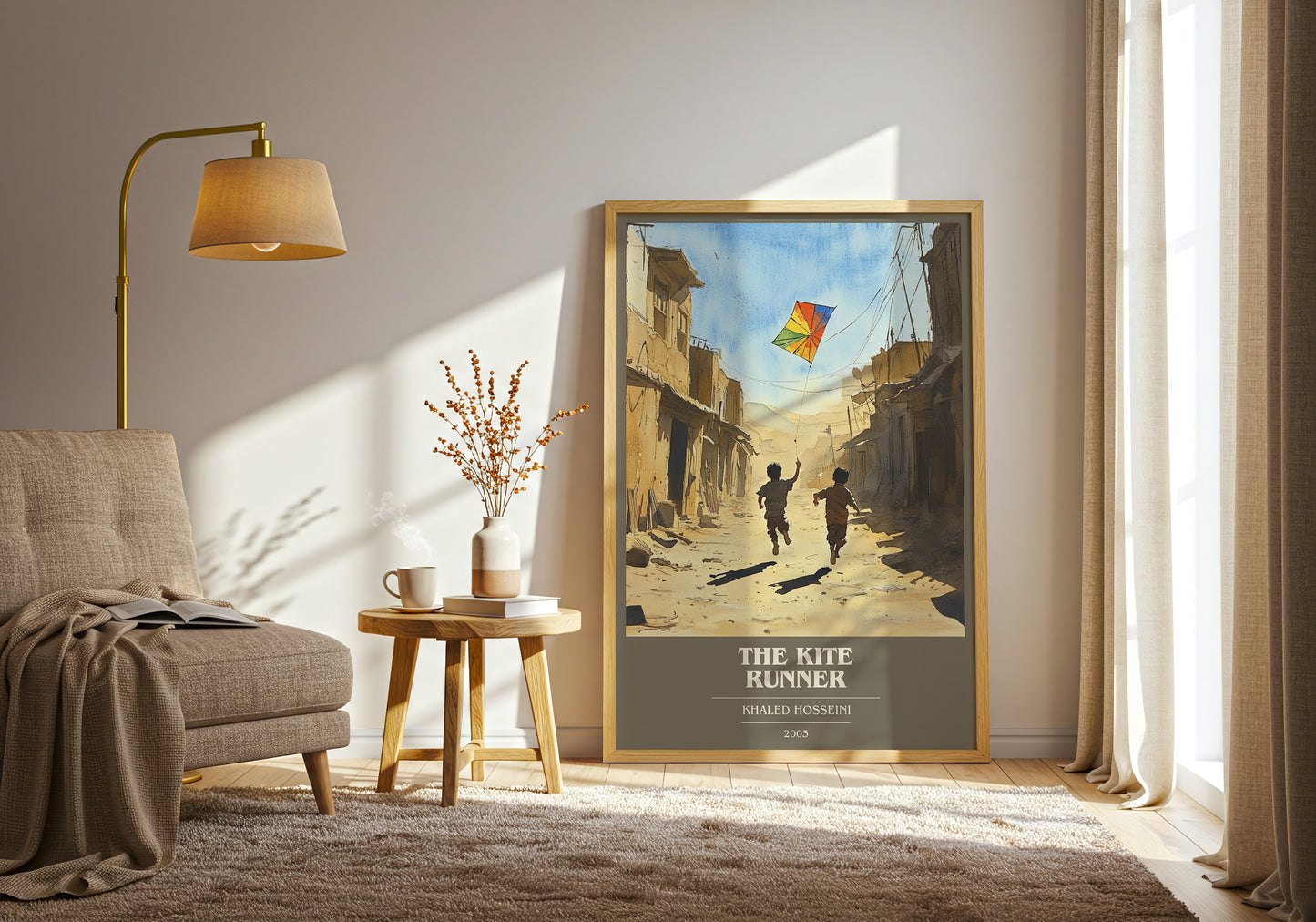The Kite Runner book cover print framed by window – literary home decor