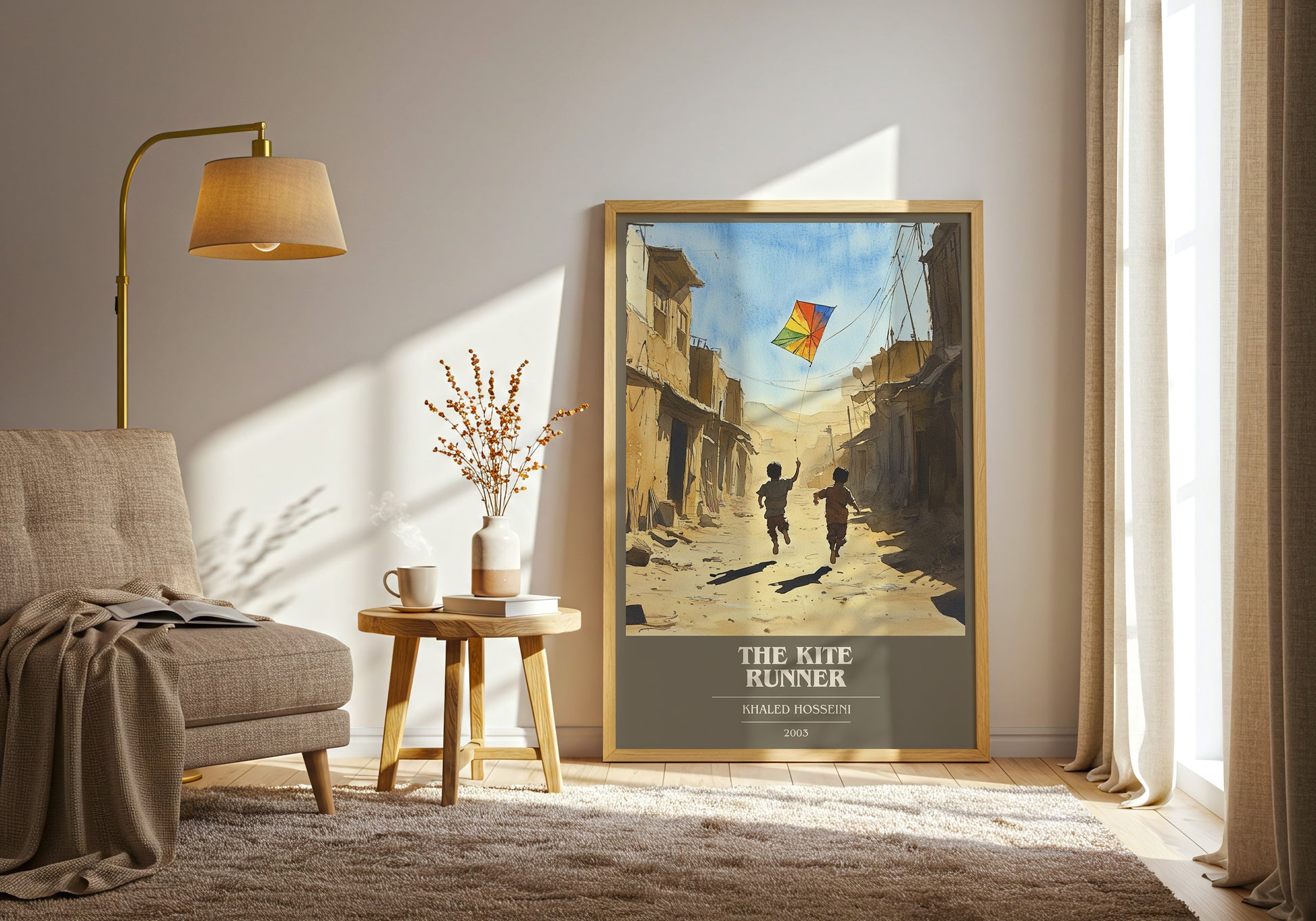 The Kite Runner book cover print framed by window – literary home decor