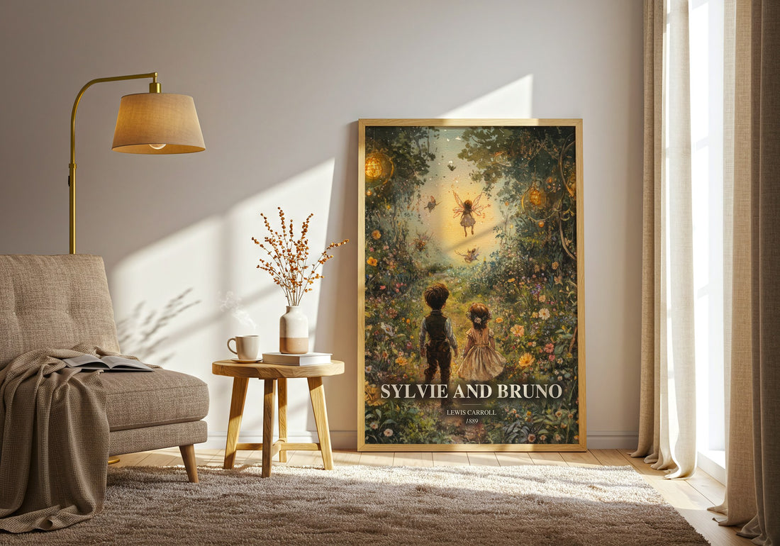 Sylvie And Bruno watercolour print in frame leaning in hallway – childrens wall art (mockup)