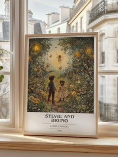 Sylvie and Bruno Book Cover Poster by Lewis Carroll – framed print by a bright window