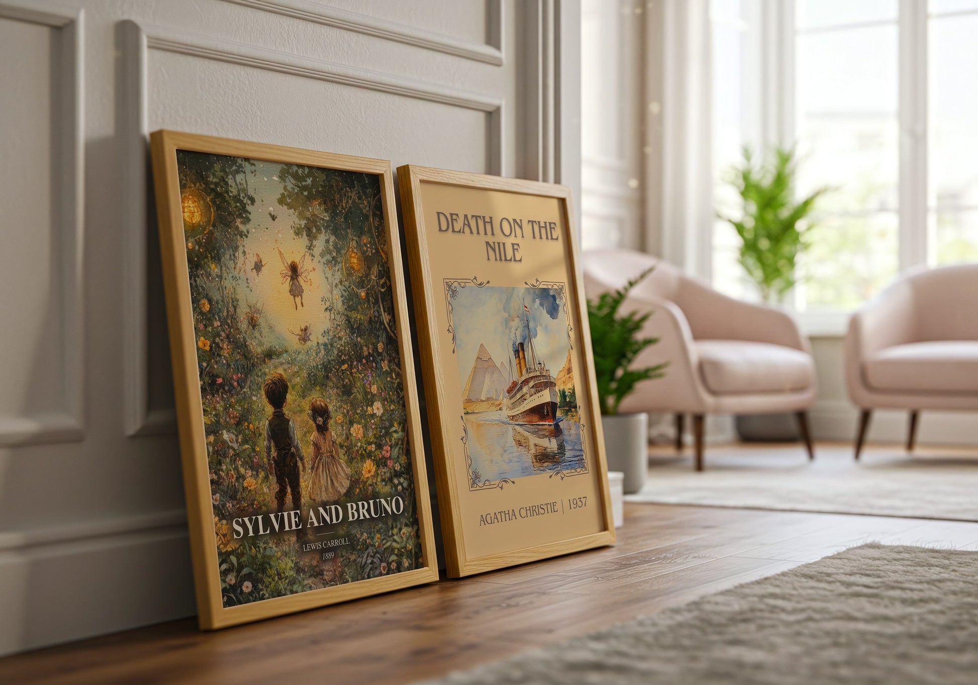 Sylvie And Bruno watercolour print framed by window – literary home decor