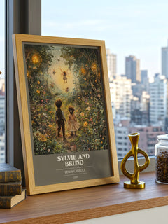 Sylvie and Bruno Book Cover Poster by Lewis Carroll – framed print on a city-view windowsill