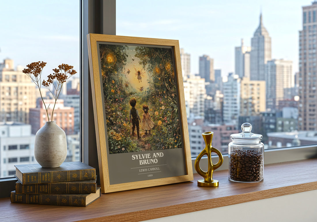 Sylvie and Bruno Book Cover Poster by Lewis Carroll – framed print on a city-view windowsill