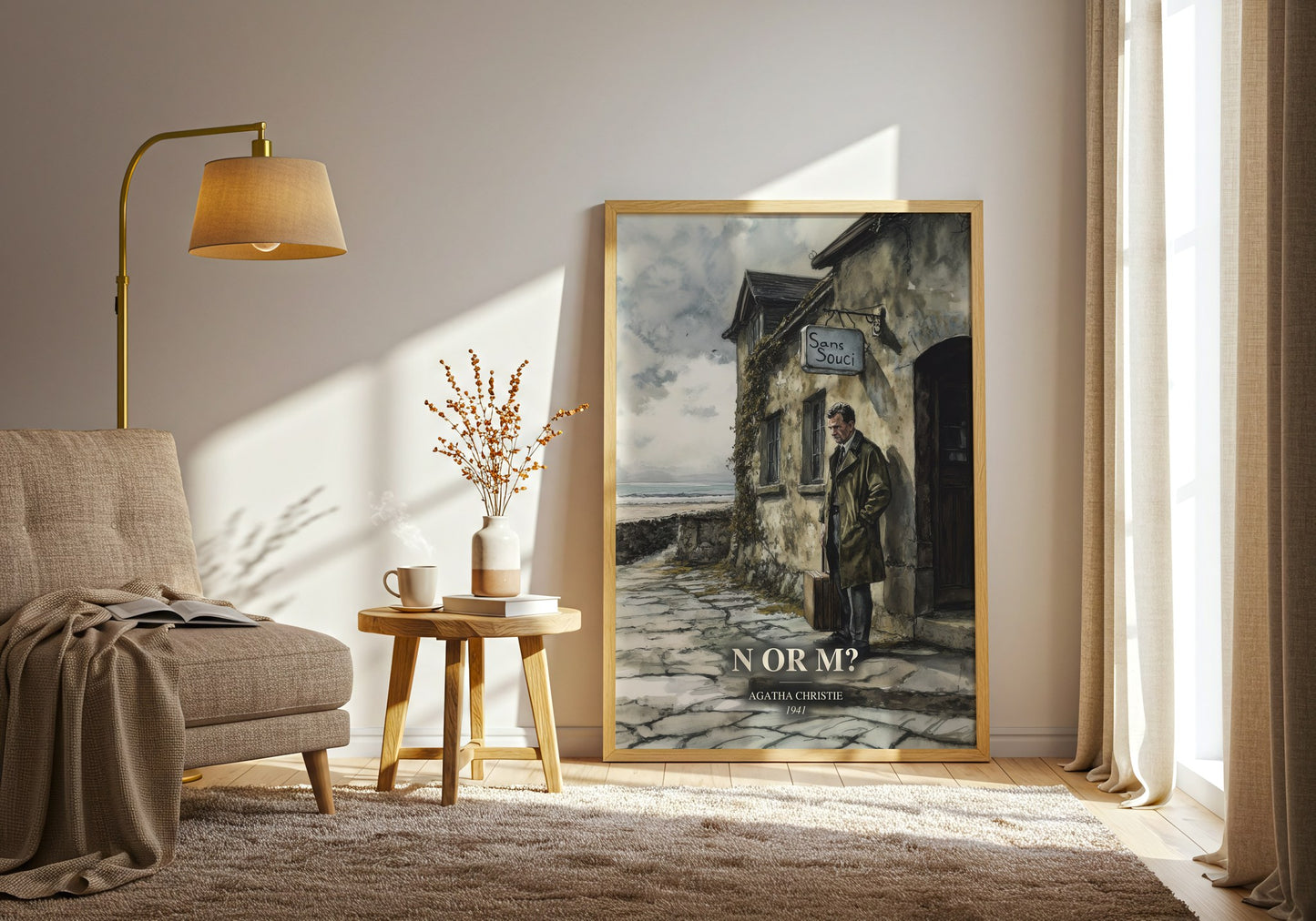 N Or M? watercolour print in frame leaning in hallway – mystery wall art