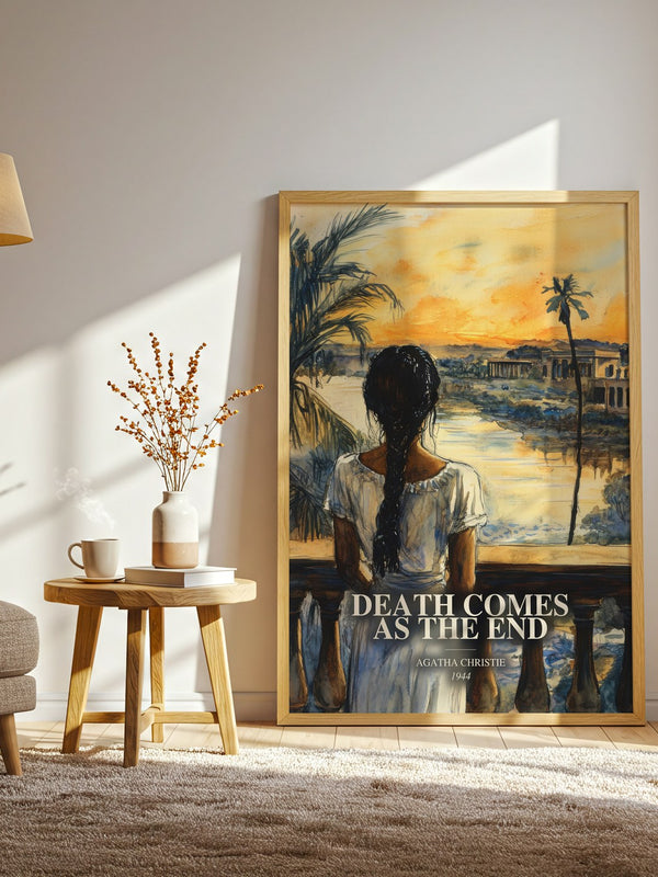 Death Comes As The End watercolour print in frame leaning in hallway – mystery wall art