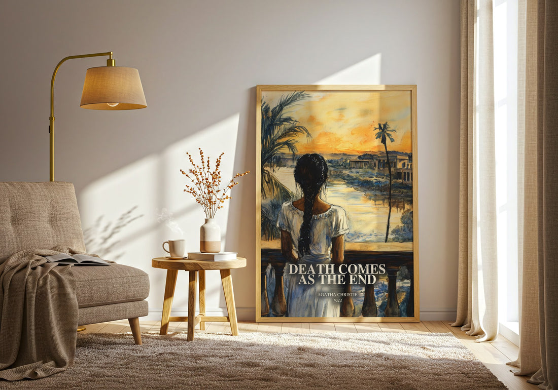 Death Comes As The End watercolour print in frame leaning in hallway – mystery wall art (mockup)