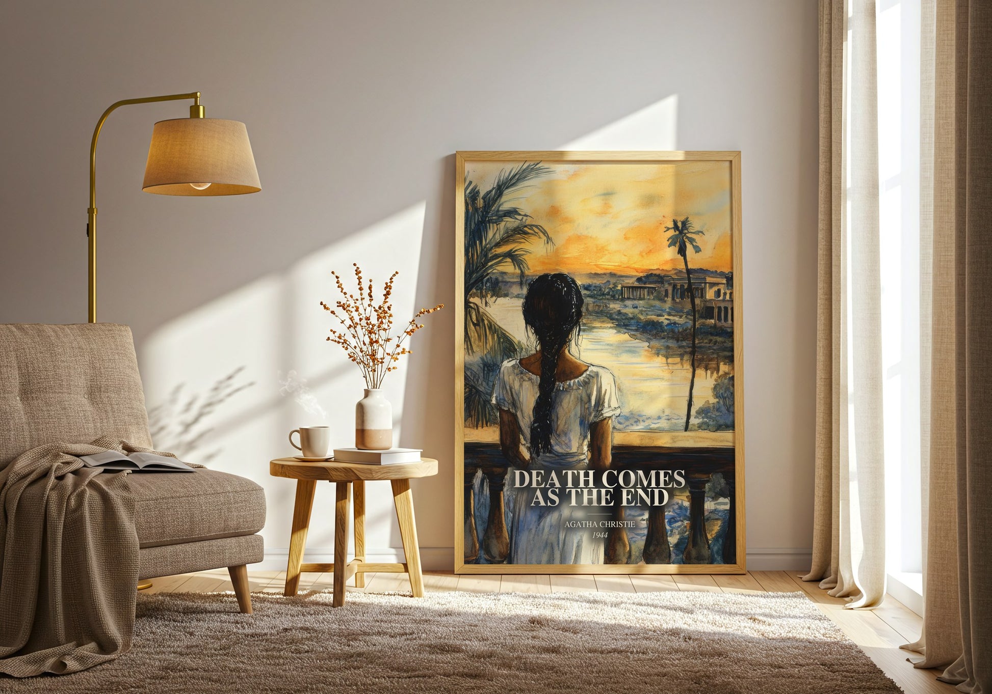 Death Comes As The End watercolour print in frame leaning in hallway – mystery wall art
