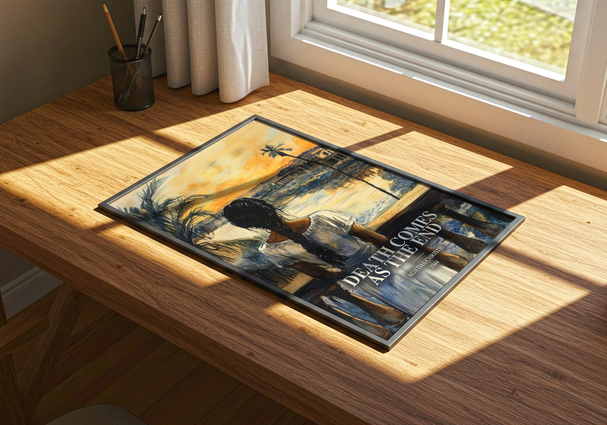 Death Comes As The End watercolour book poster framed on wall – mystery wall art