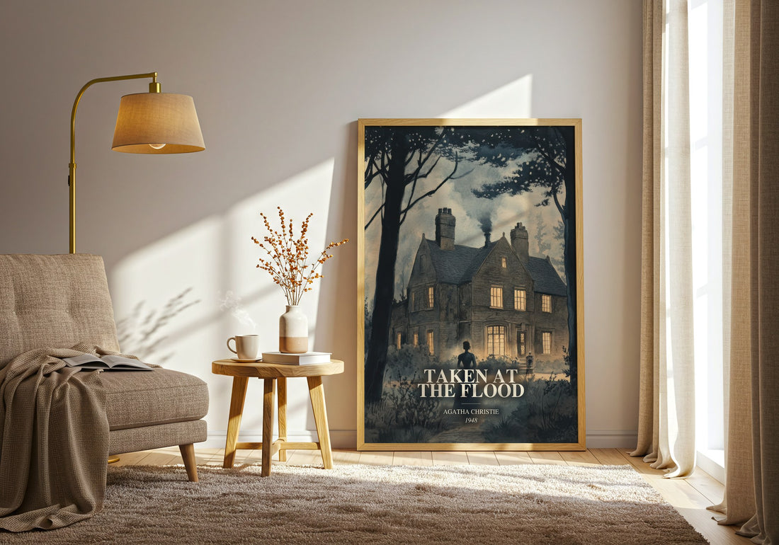Taken At The Flood watercolour print in frame leaning in hallway – mystery wall art (mockup)