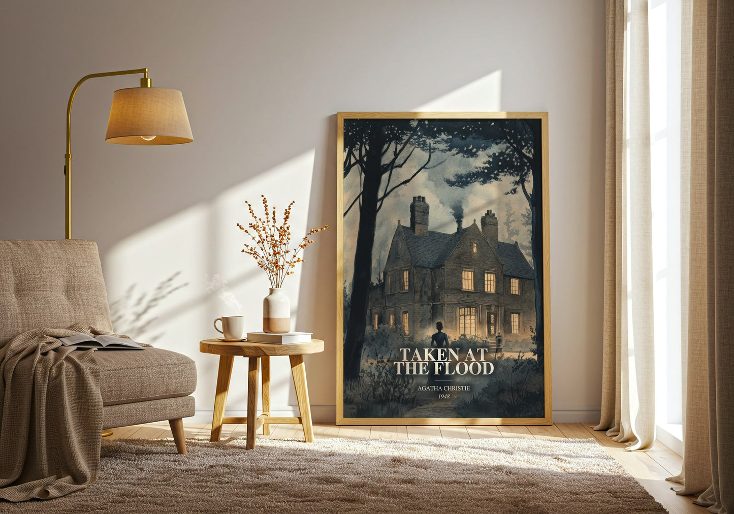 Taken At The Flood watercolour print in frame leaning in hallway – mystery wall art