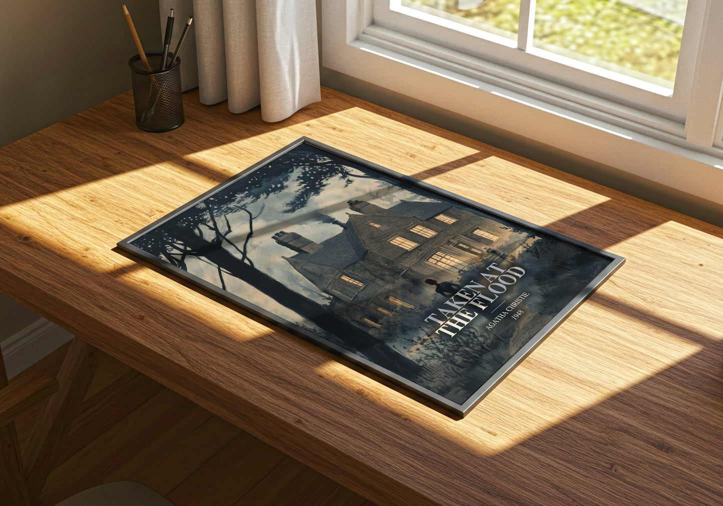 Taken At The Flood watercolour book poster framed on wall – mystery wall art