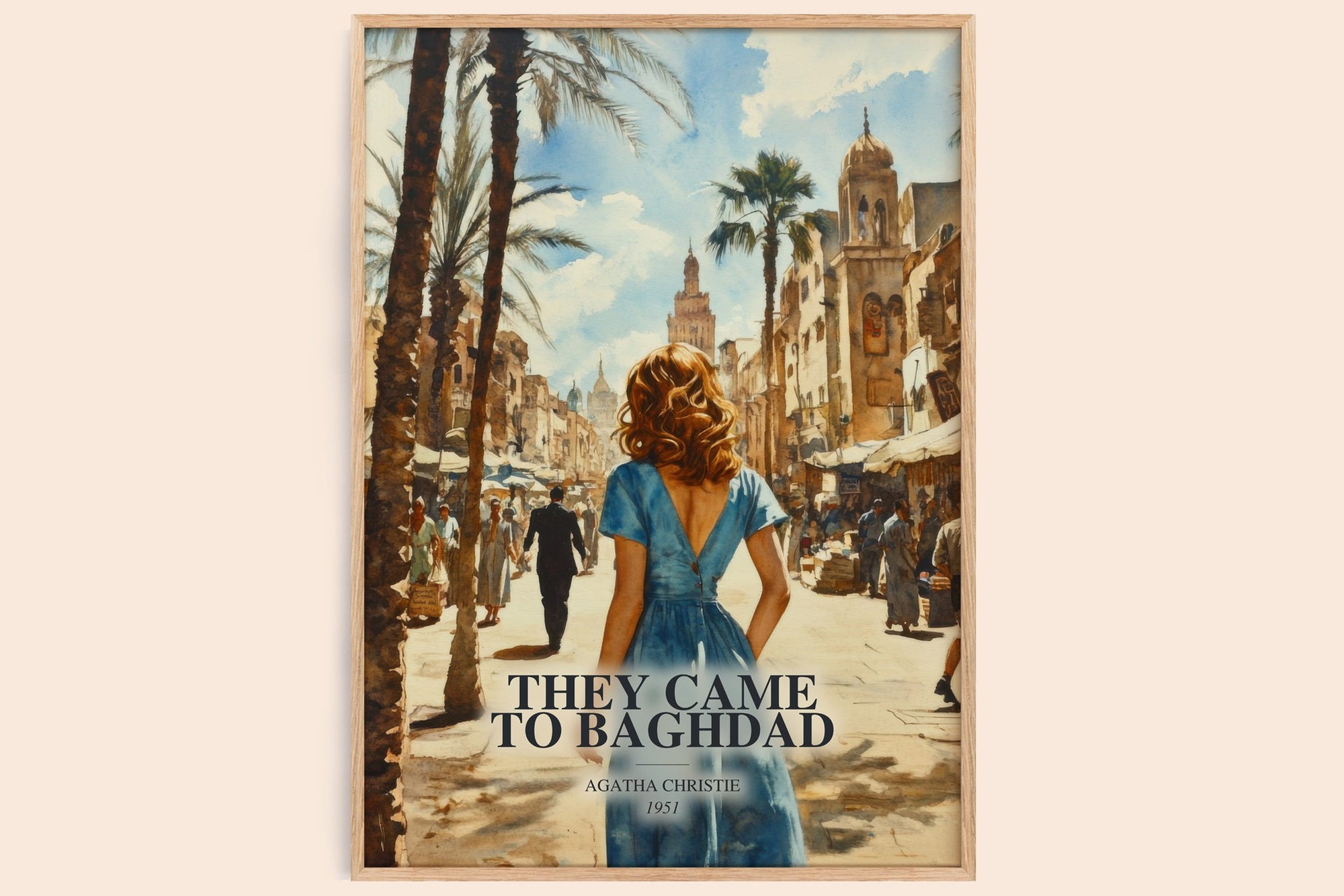They Came To Baghdad watercolour book poster by Agatha Christie – framed literary art print