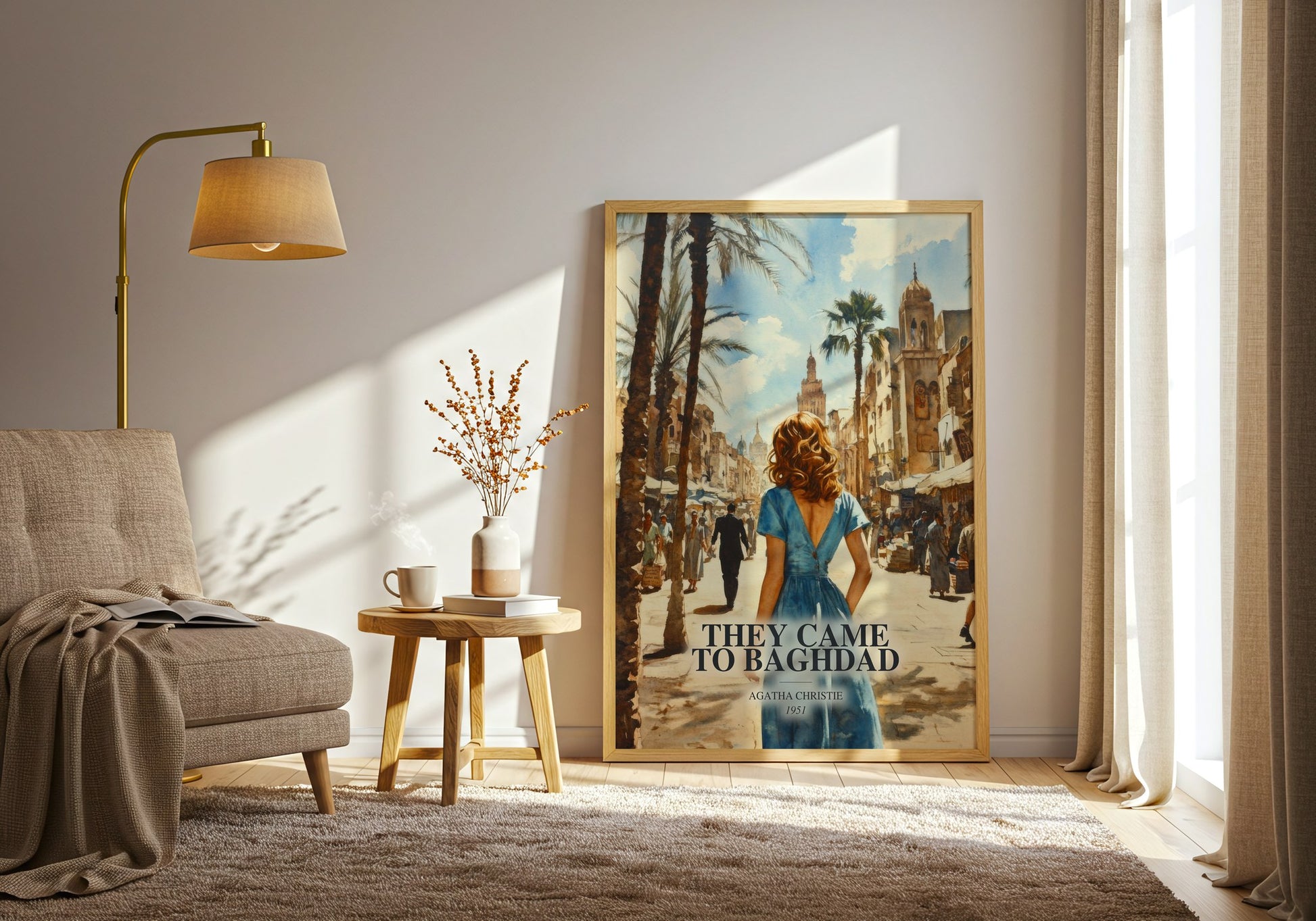 They Came To Baghdad watercolour print in frame leaning in hallway – mystery wall art