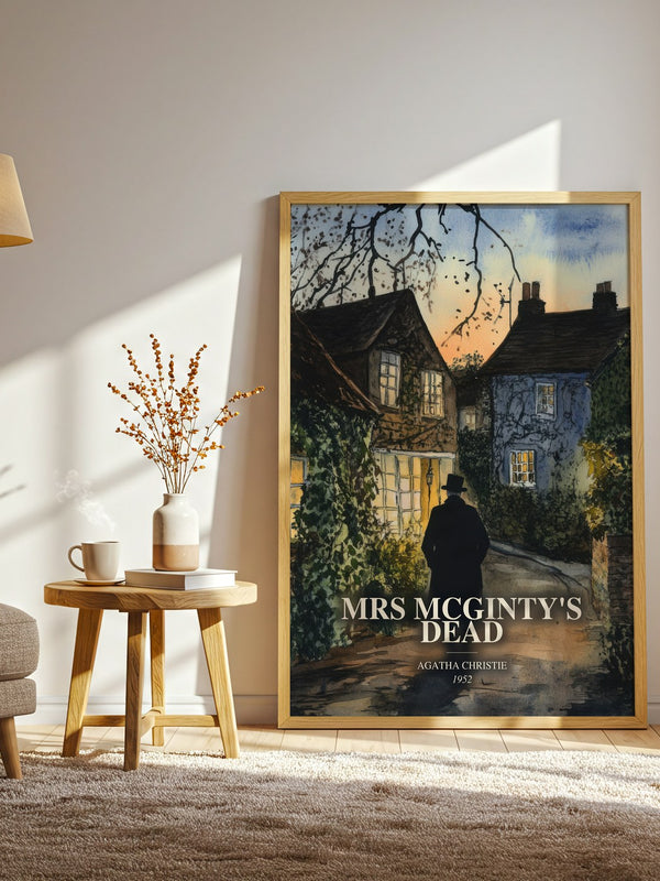 Mrs Mcginty'S Dead watercolour print in frame leaning in hallway – mystery wall art