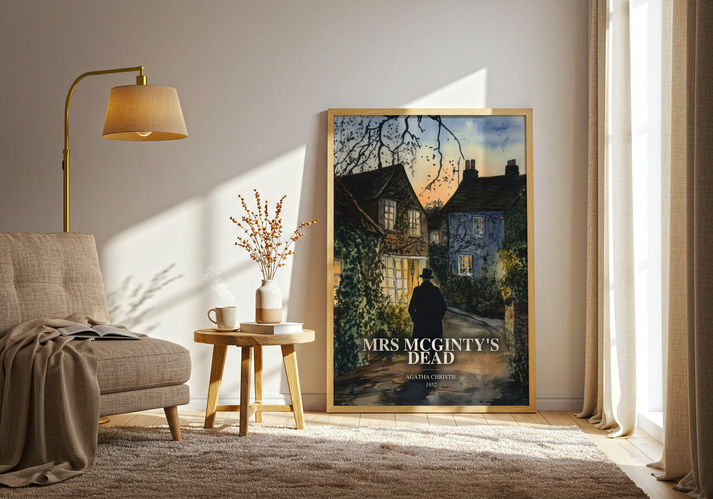 Mrs Mcginty'S Dead watercolour print in frame leaning in hallway – mystery wall art