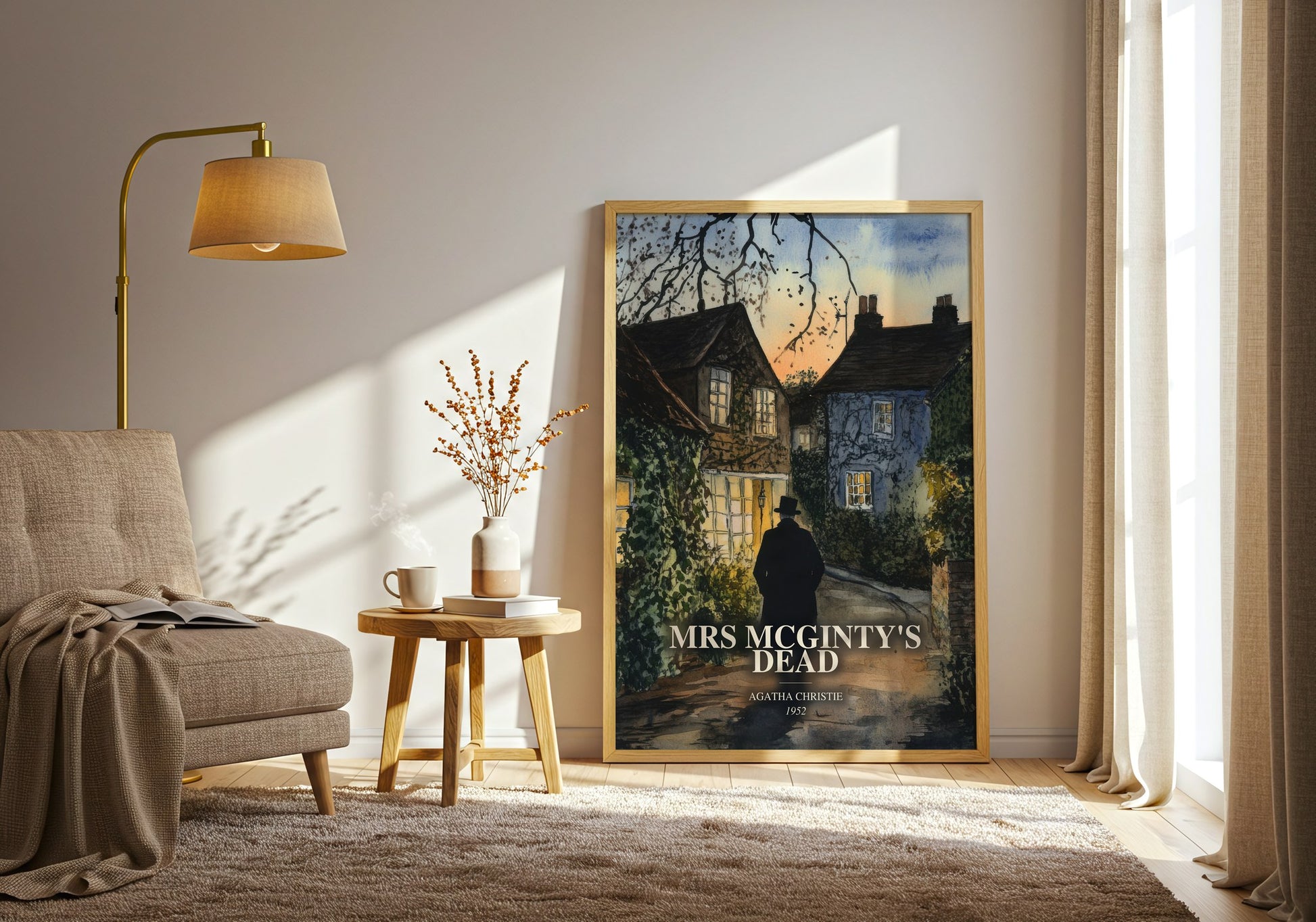 Mrs Mcginty'S Dead watercolour print in frame leaning in hallway – mystery wall art
