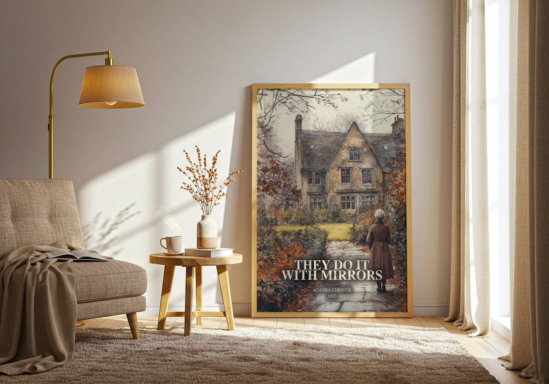 They Do It With Mirrors watercolour print in frame leaning in hallway – mystery wall art (mockup)