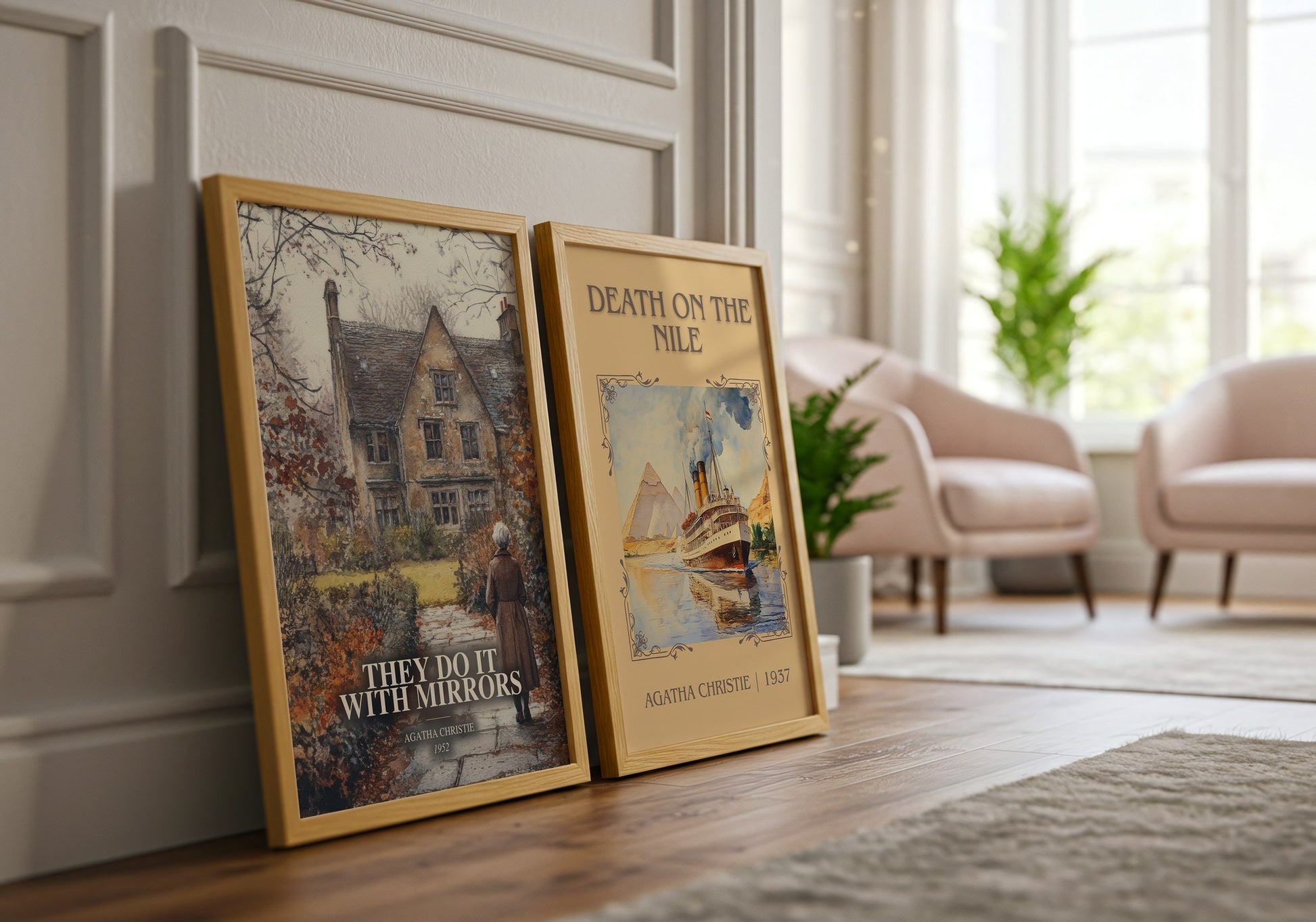 They Do It With Mirrors watercolour print framed by window – literary home decor