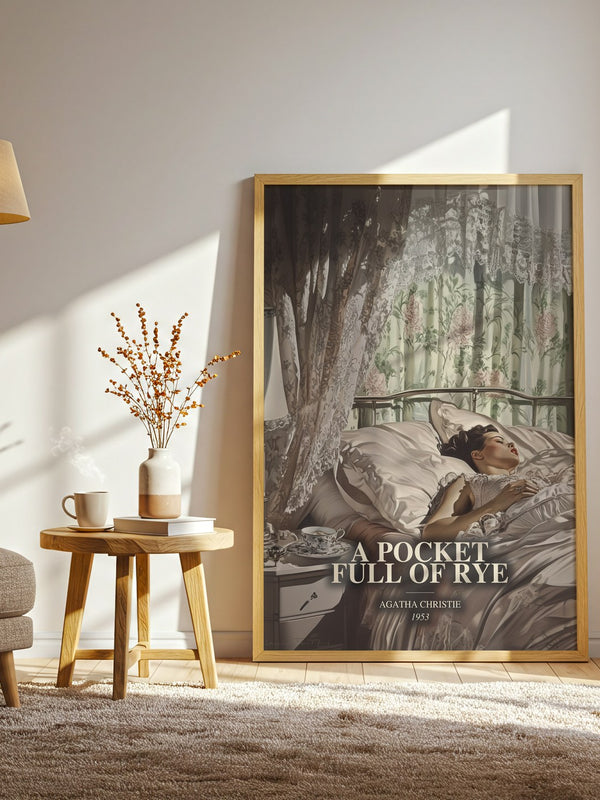 A Pocket Full Of Rye watercolour print in frame leaning in hallway – mystery wall art