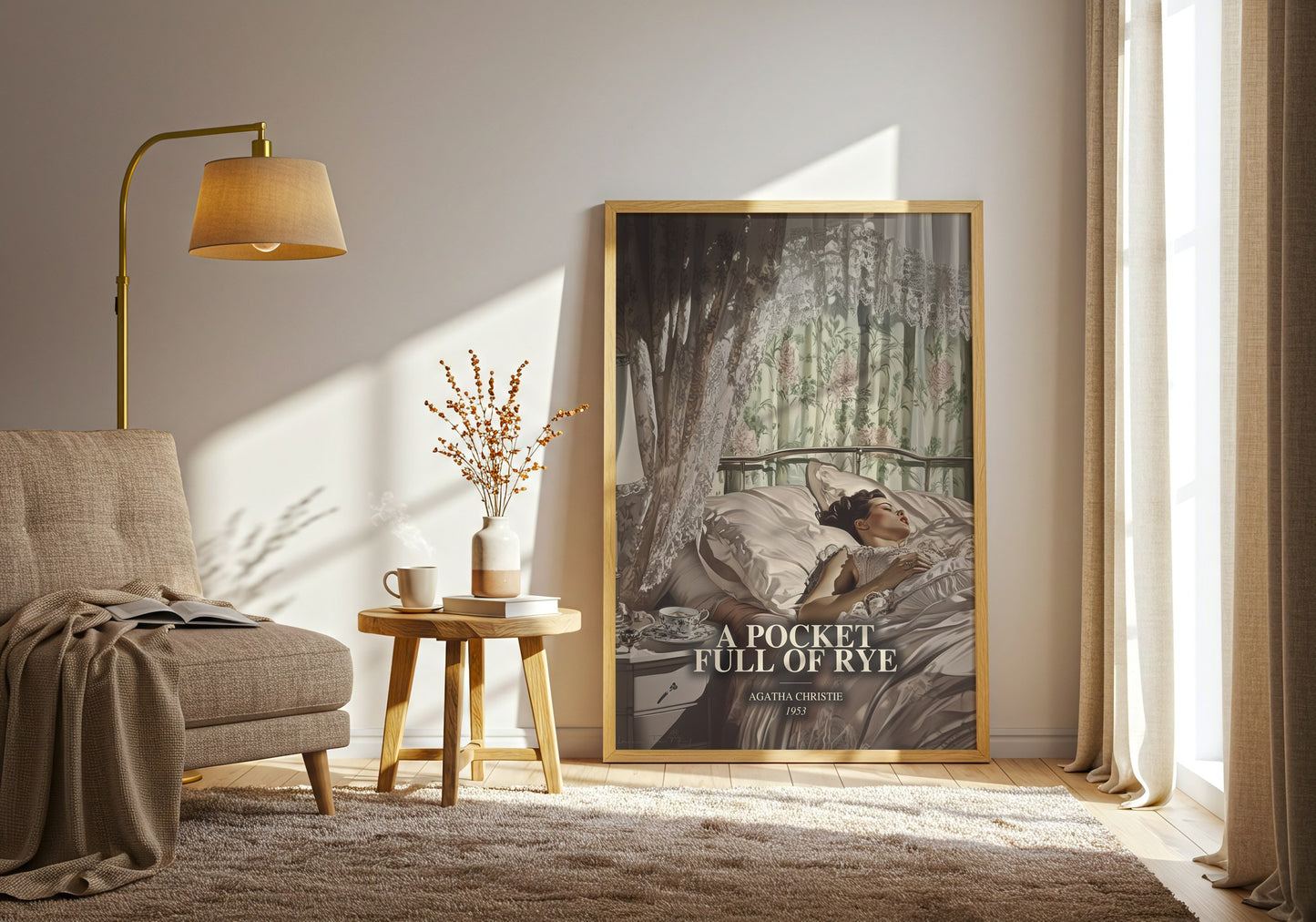 A Pocket Full Of Rye watercolour print in frame leaning in hallway – mystery wall art