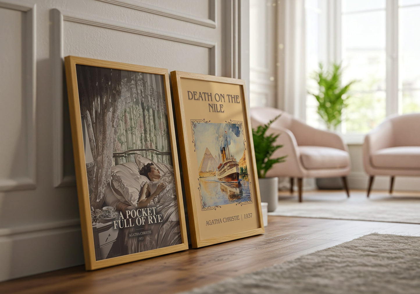 A Pocket Full Of Rye watercolour print framed by window – literary home decor